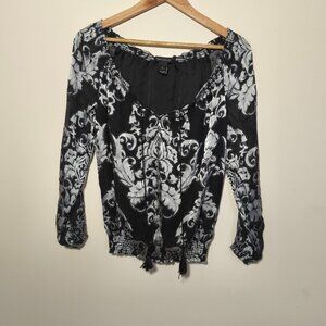 WHBM Satin Silk Burnout Paisley Off Shoulder Top sz S Black Silver Whimsygoth